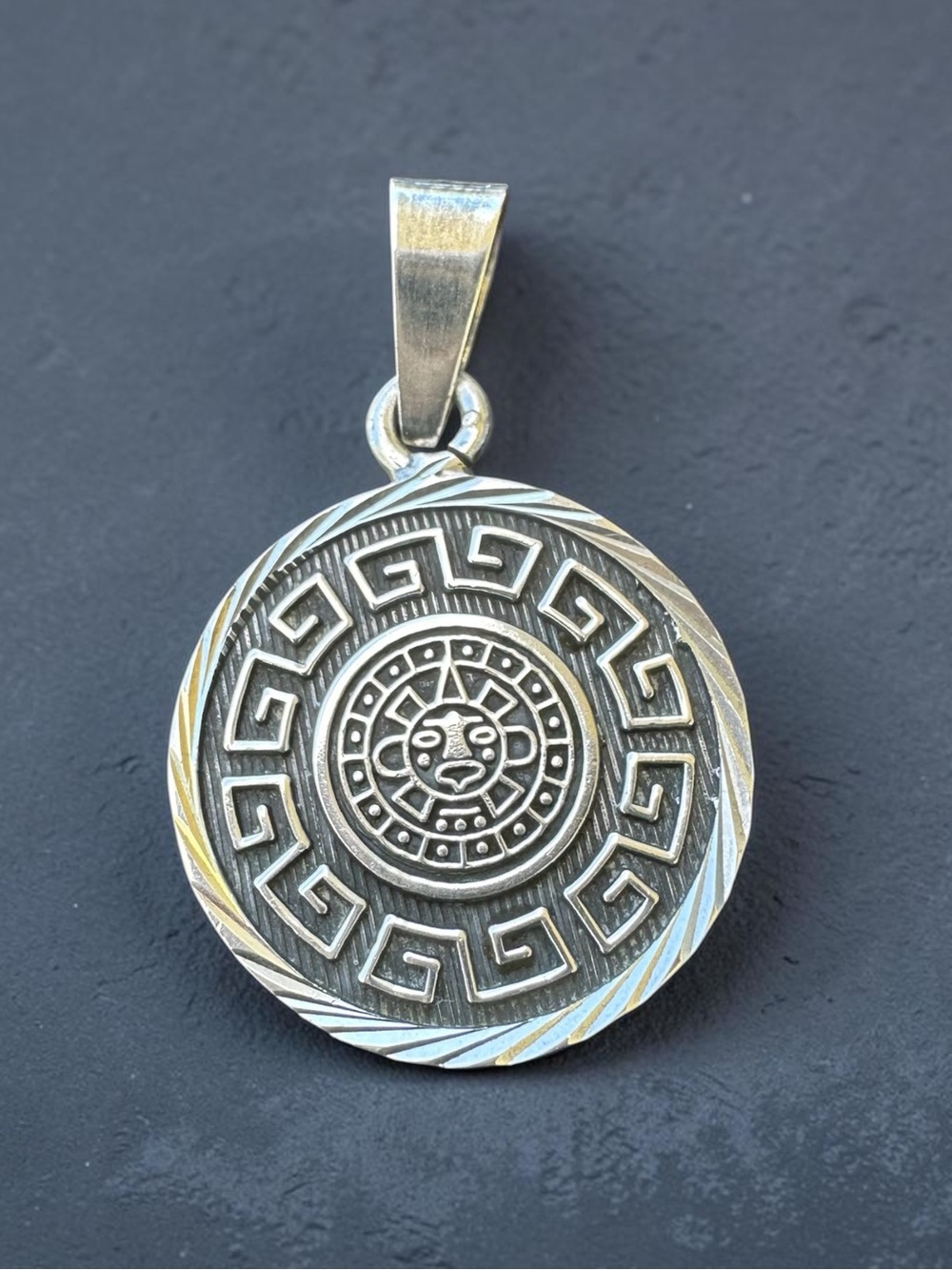 Sterling Silver Aztec Medallion Pendant - Silver